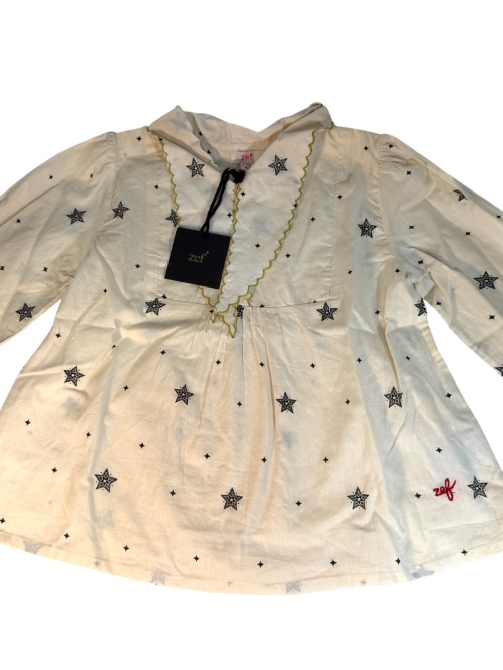 NWT zef Designer Cotton Blouse, Cream w/ Stars, Sz 4, Long Sleeve